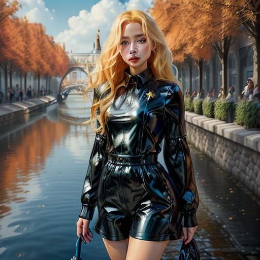 Blonde Woman in Oversized Sculptural Puffer Jumpsuit