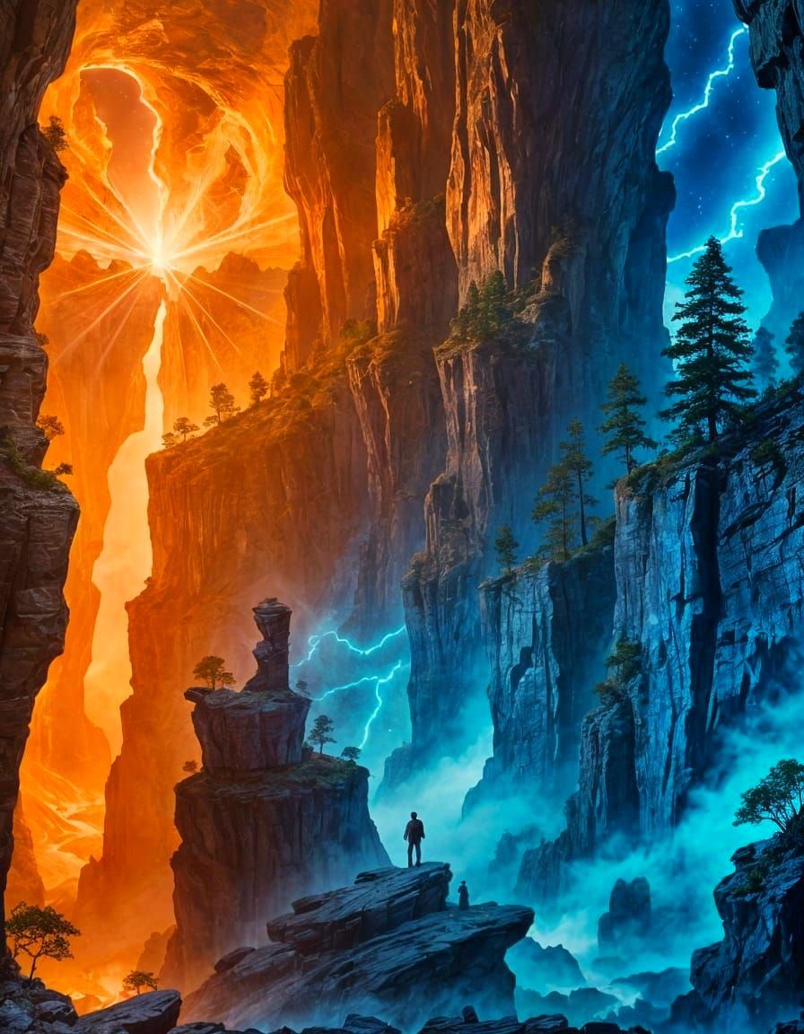 Majestic Figure Amidst Cosmic Canyon Landscapes