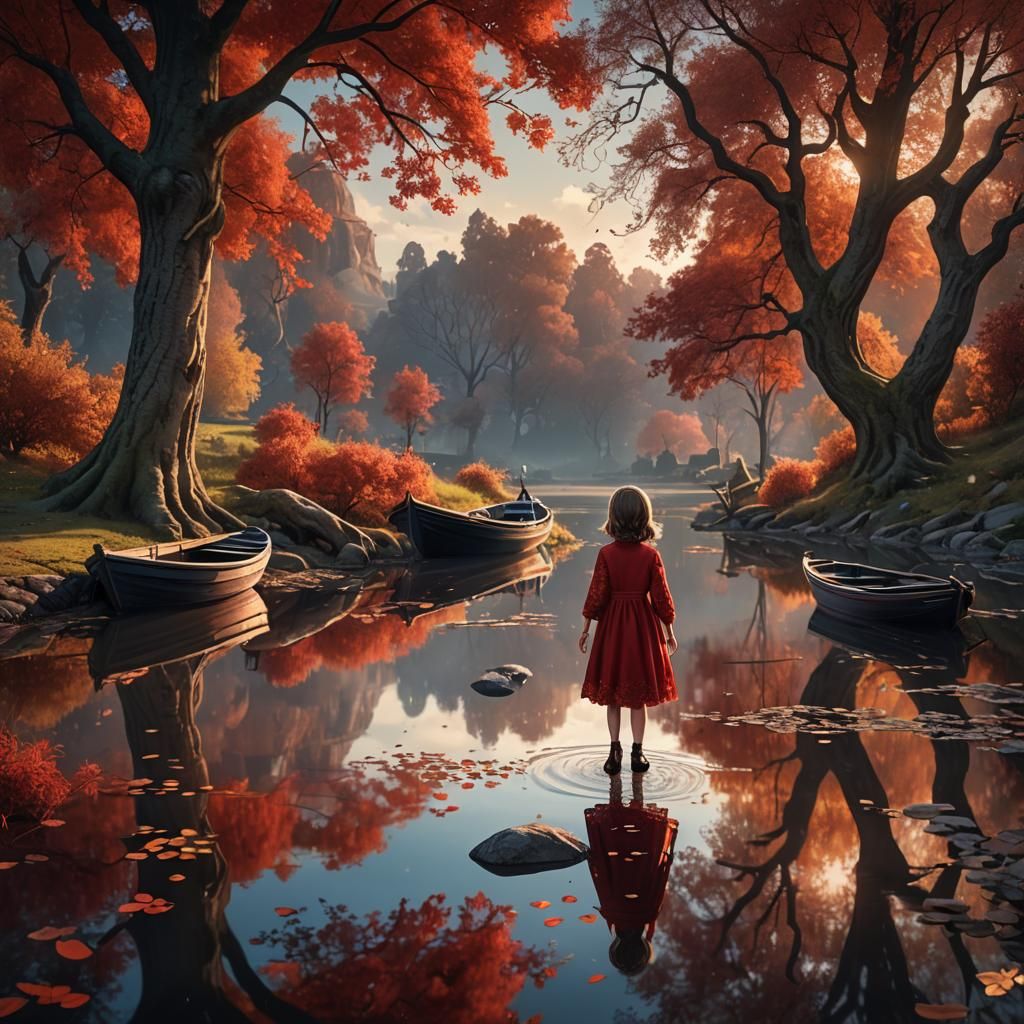 Girl by River with Levitating Stones