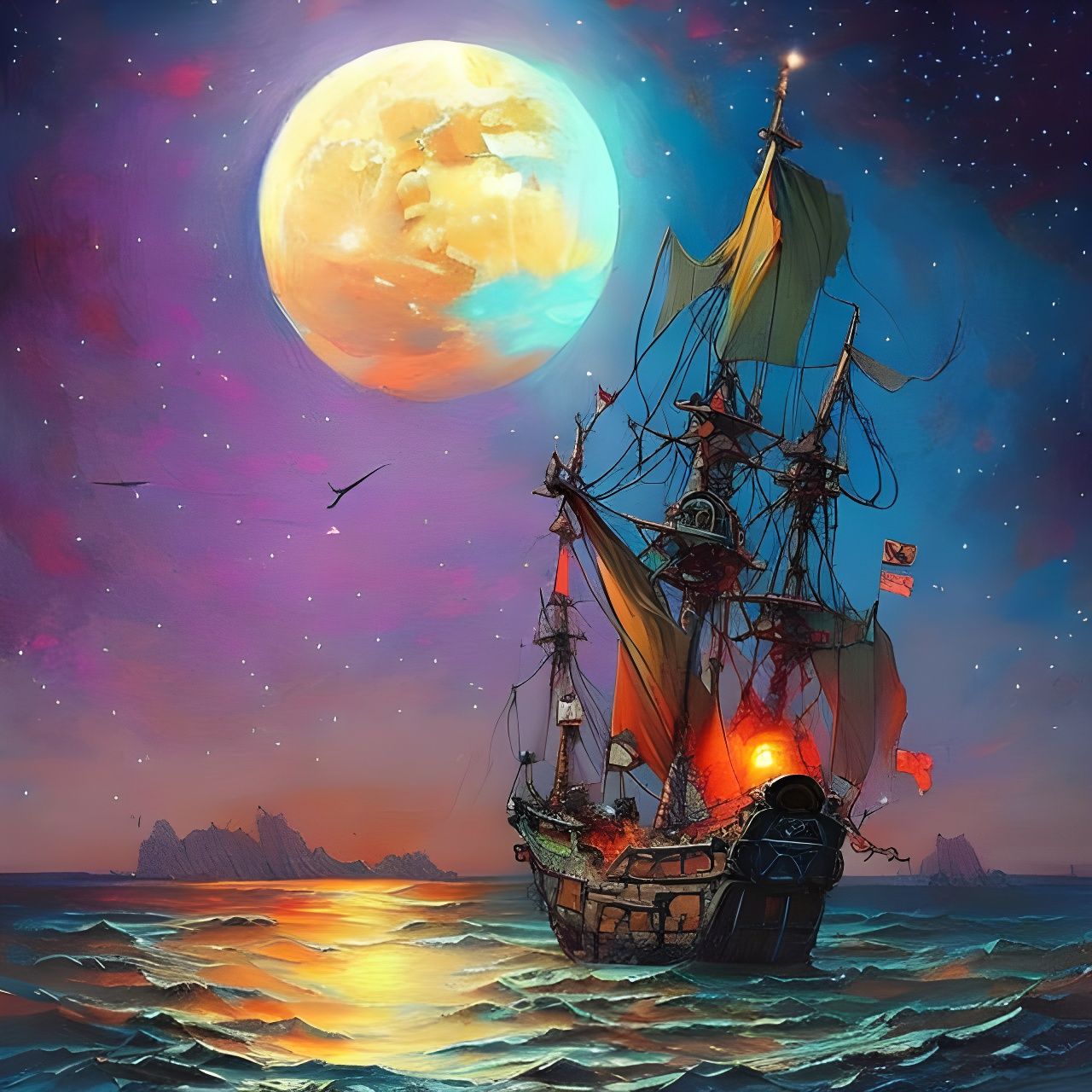 Pirate Ship Under Luminous Moon, Oil Painting Style