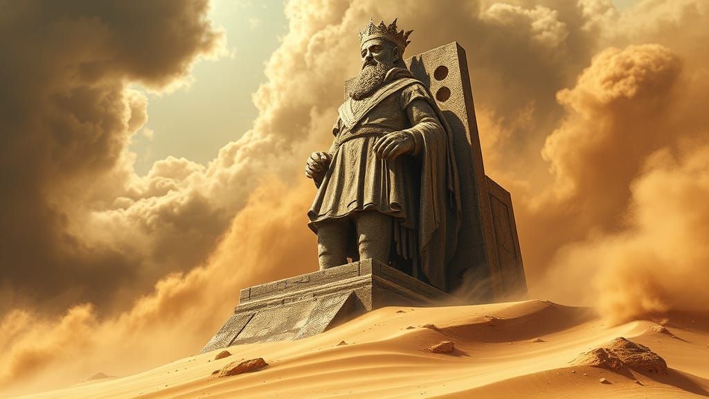 Ancient Desert Monarch Statue in Stormy Wilderness
