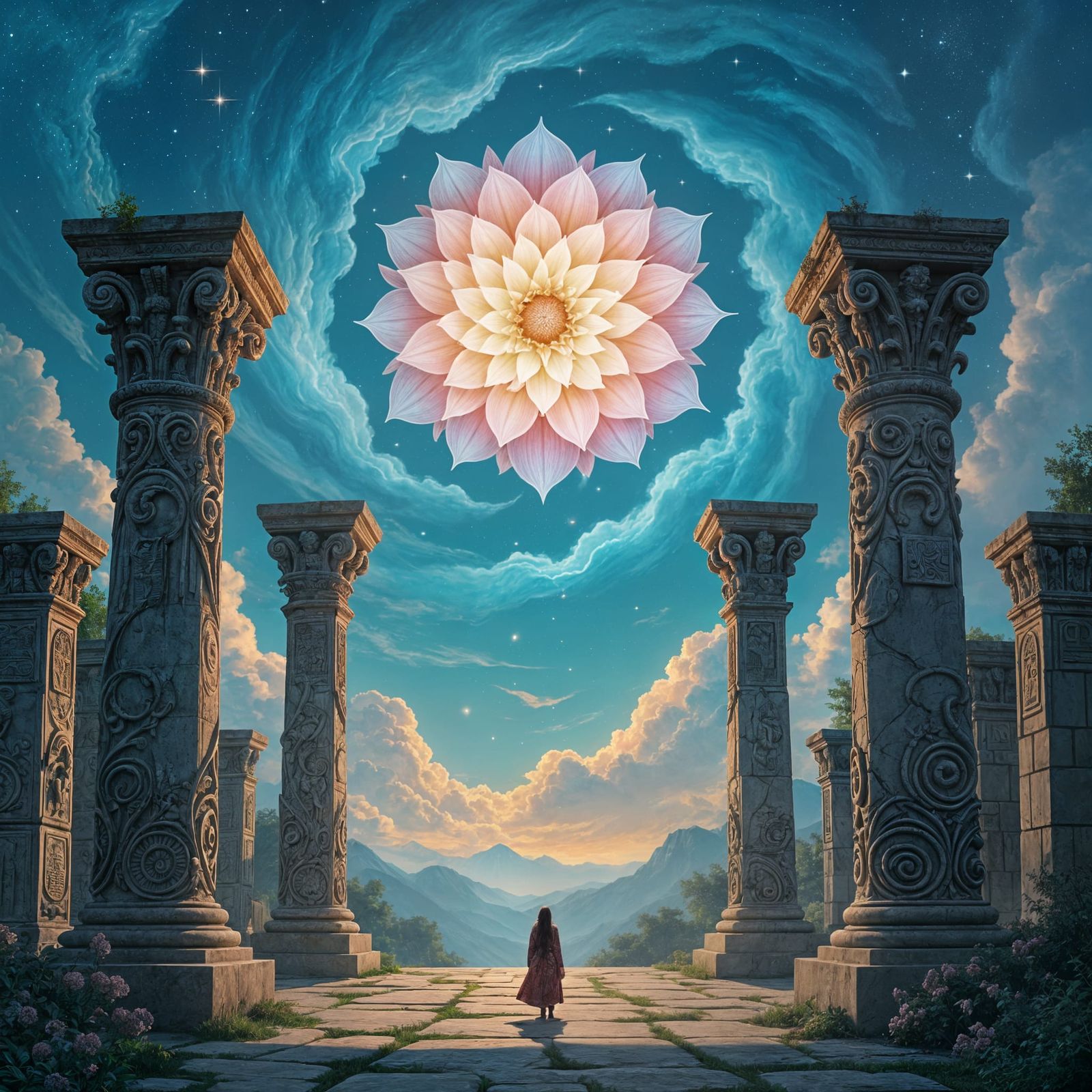 Ancient Temple to Celestial Beings with Cosmic Sky