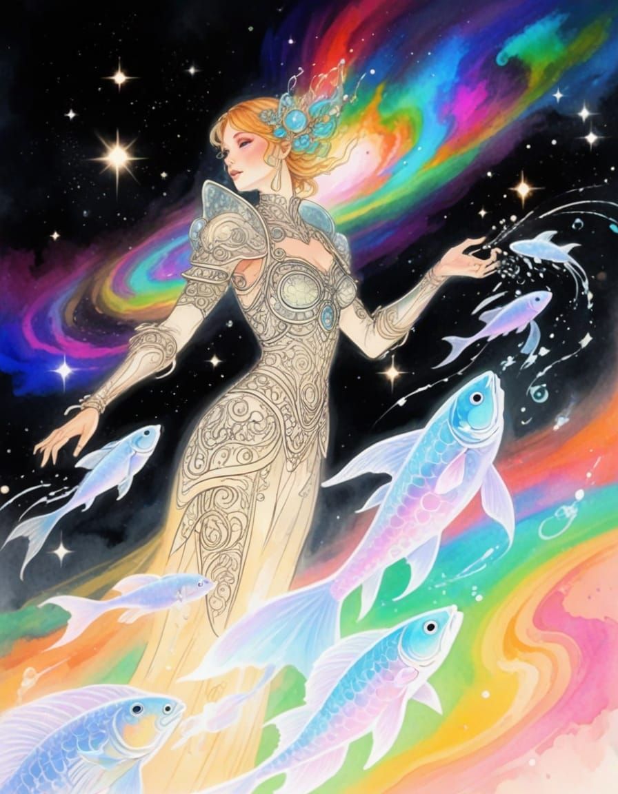 Celestial Warrior Princess Captures Ethereal Fish in Cosmic ...