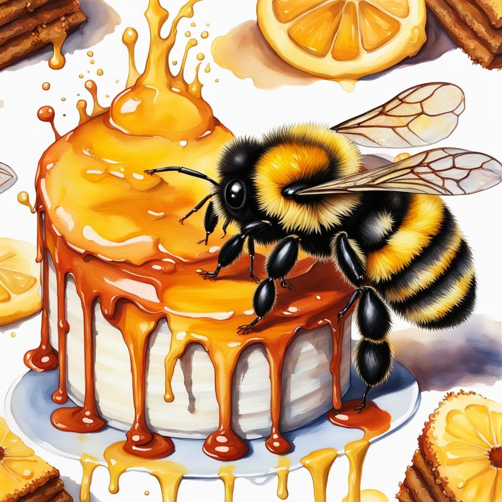 Hyperrealistic Watercolor Bumblebee on Honey Cake