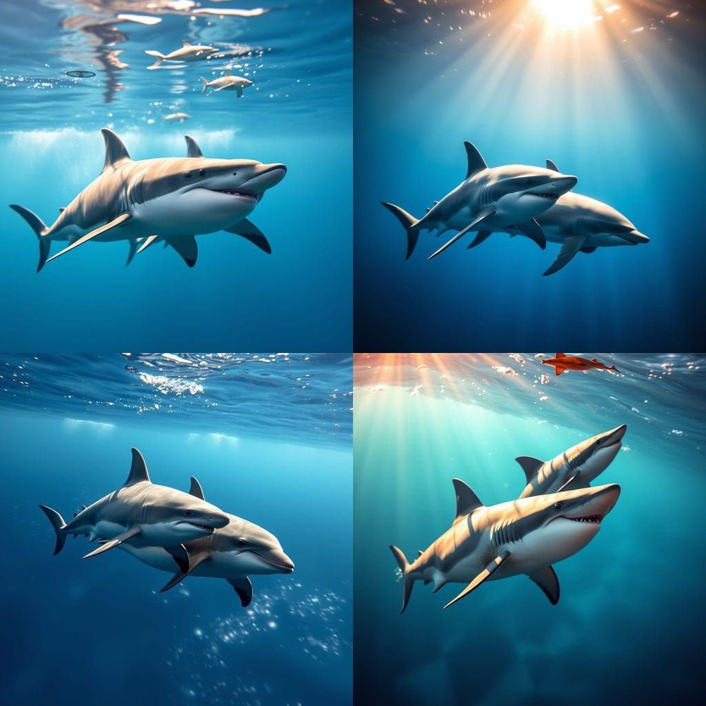 Dramatic Ocean Scene with Shark and Dolphin