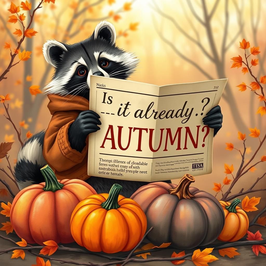 Create an autumn illustration of raccoon holding a newspaper...
