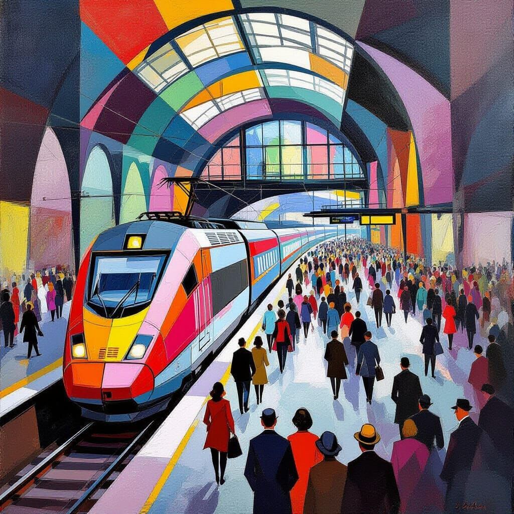 Cubist Painting of Gare de Lyon Train Arrival
