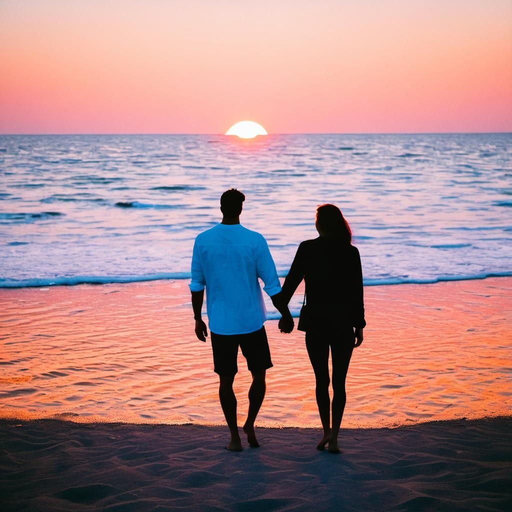Romantic Sunset Beach Scene with Young Couple