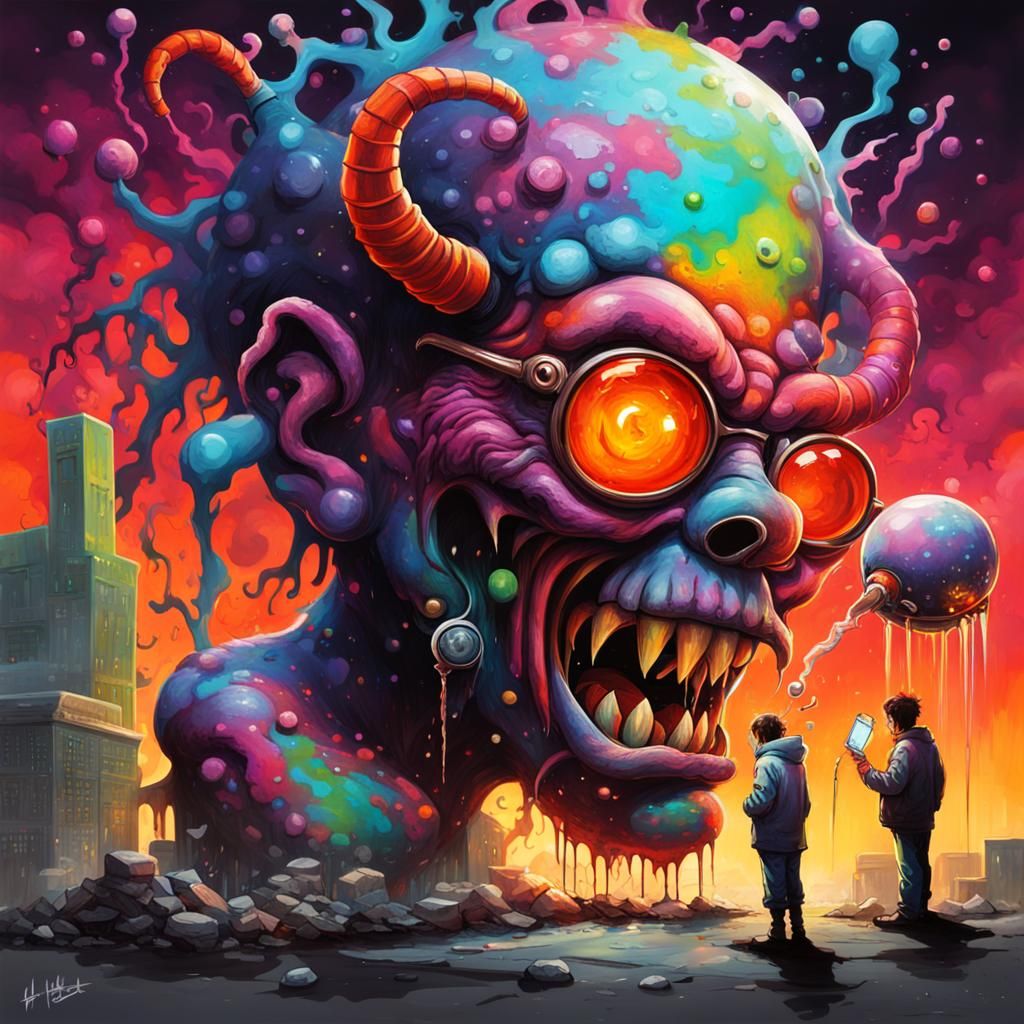 Mad Scientist Observing Earth Demons in Graffiti Art