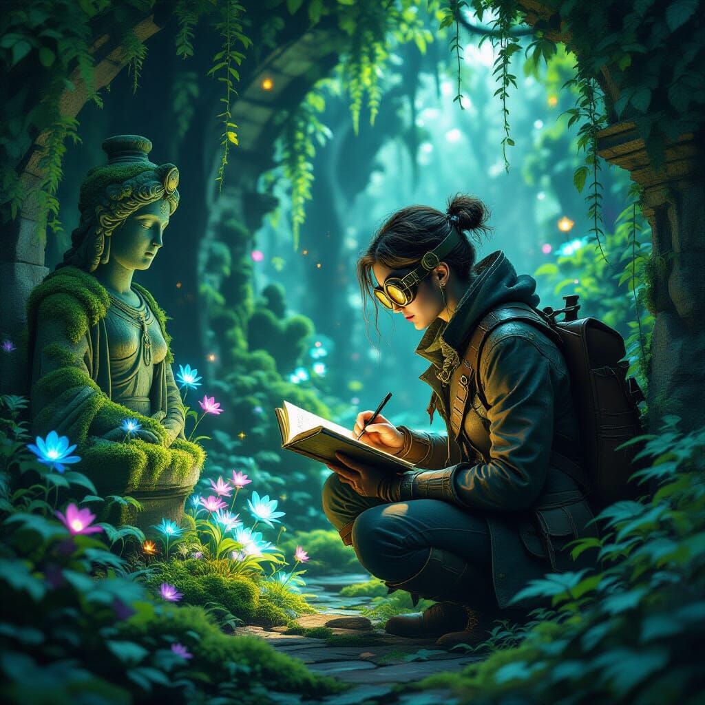 Secret Garden with Glowing Plants and Explorer