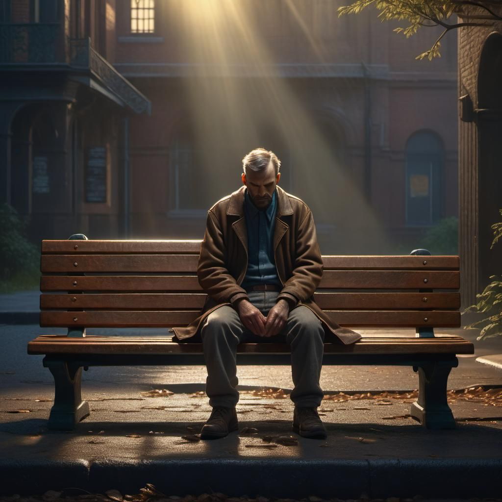 Moody Man on Bench in Hopper Style