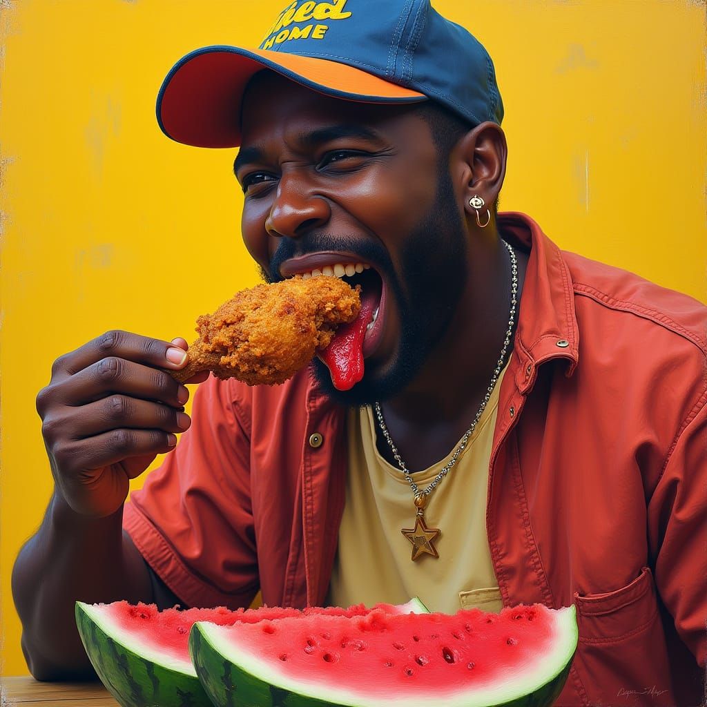Man Enjoys Chicken and Watermelon in Vibrant Portrait