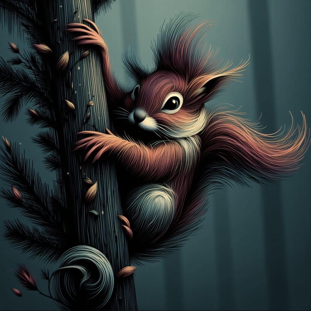 Squirrel in Turbulent Pine Tree Storm