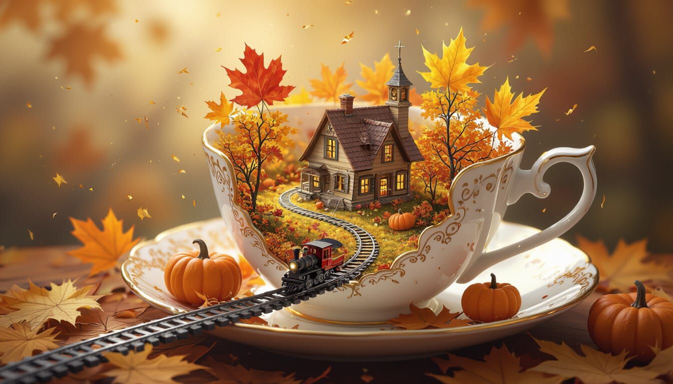 Autumn Village in Teacup Digital Art