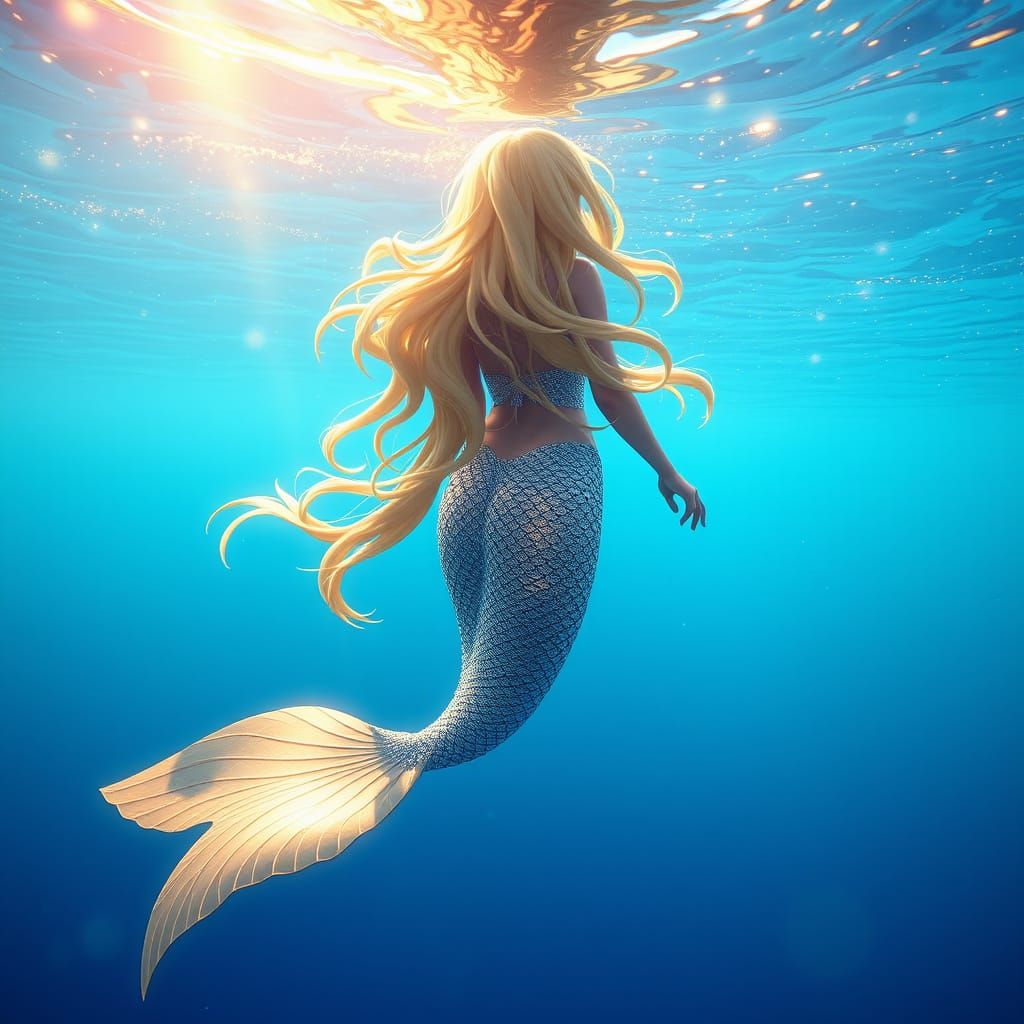 Majestic Mermaid Swims Towards the Viewer in Vibrant Anime S...
