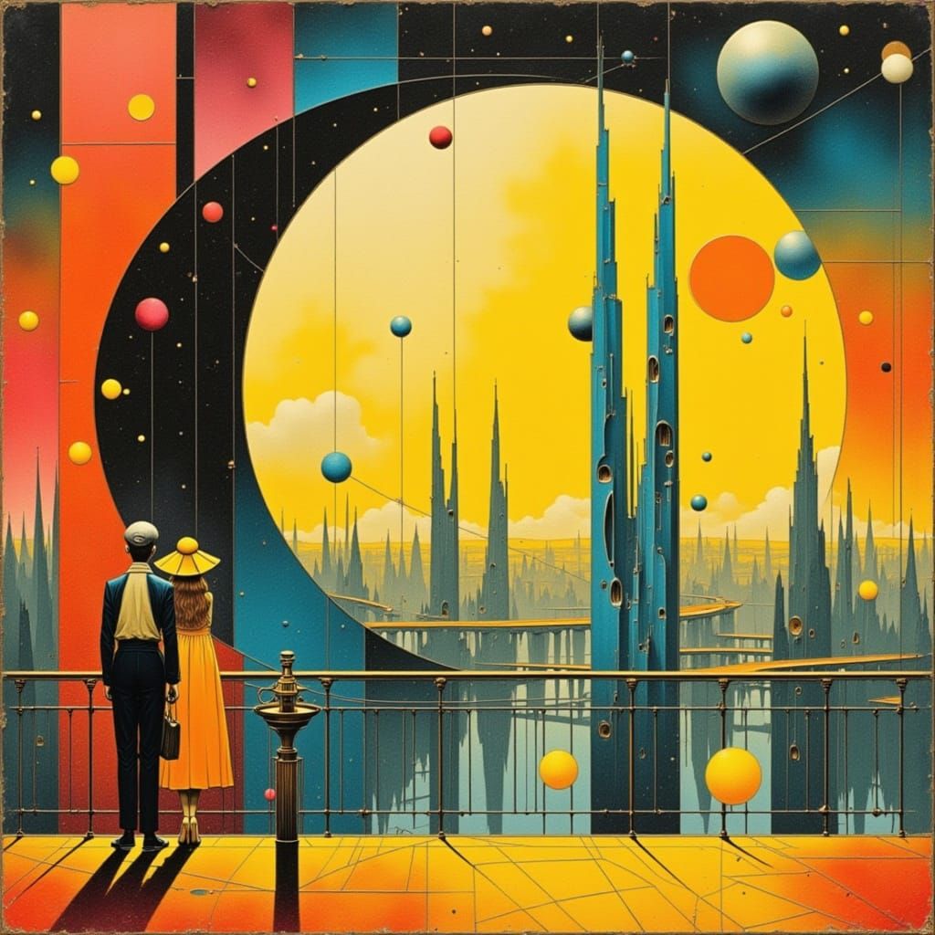 Mid-Century Retrofuturist Dreamscape with Art Deco Skyscrape...