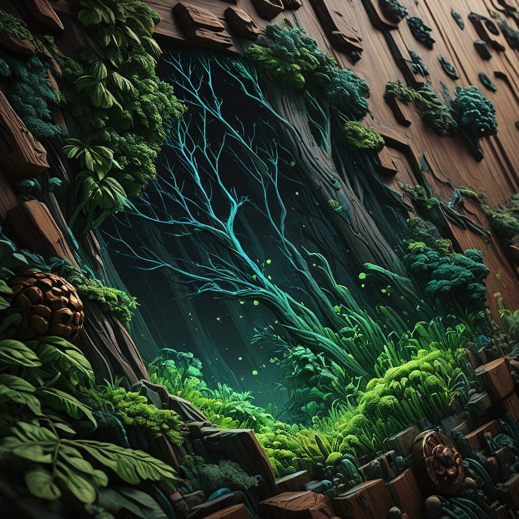 Walnut Wood Panel with Engraved Fantasy Elements