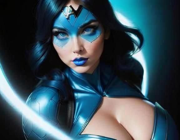 Luminous Blue Superheroine in Retrofuturistic Art Deco