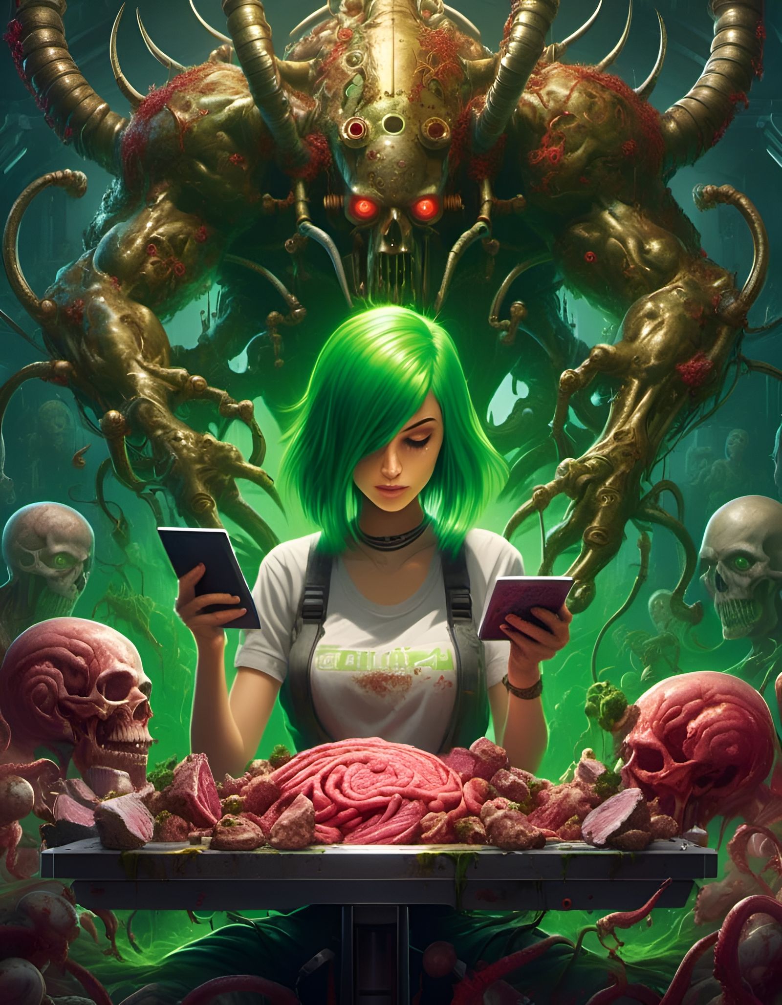 Cyborg Woman with Tablet Computer in Organic Style