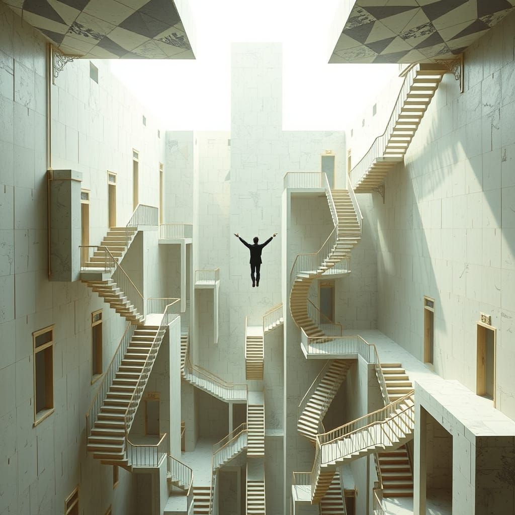 Surreal Floating Figure in Impossible Dreamscape
