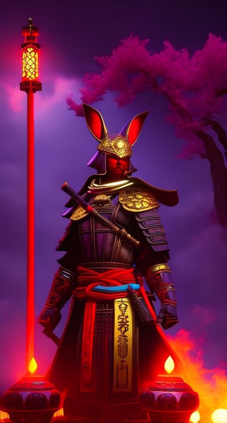 Bunny Samurai at Shinto Shrine in Steampunk Style