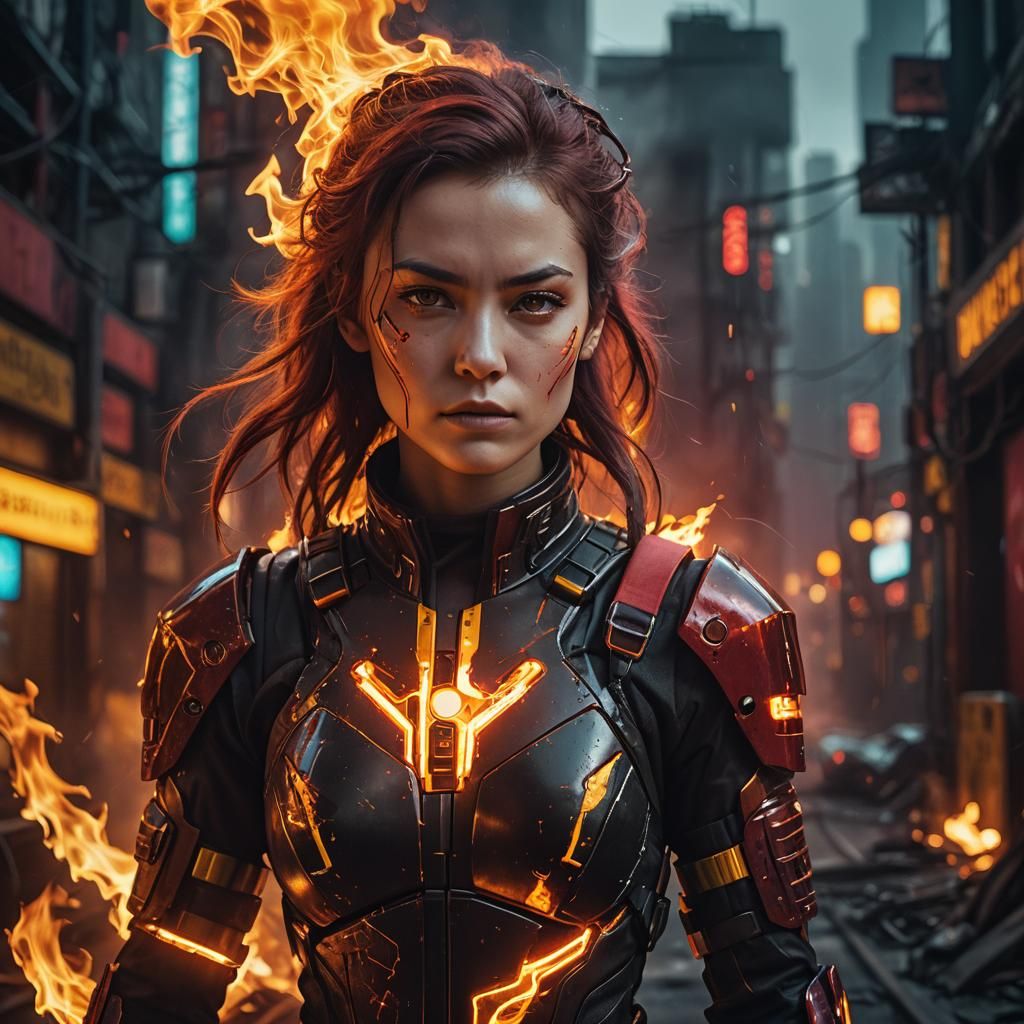 Cyberpunk Fire Woman Hybrid in Dynamic Lighting