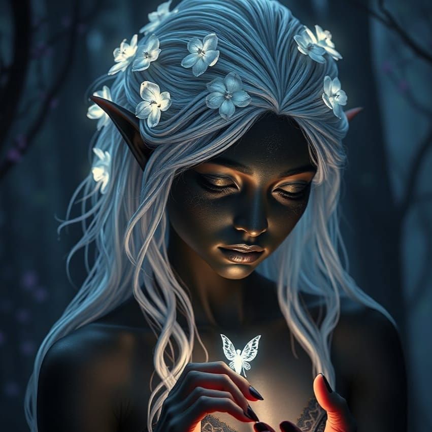 Onyx Elf with Bioluminescent Fairy in Dark Forest