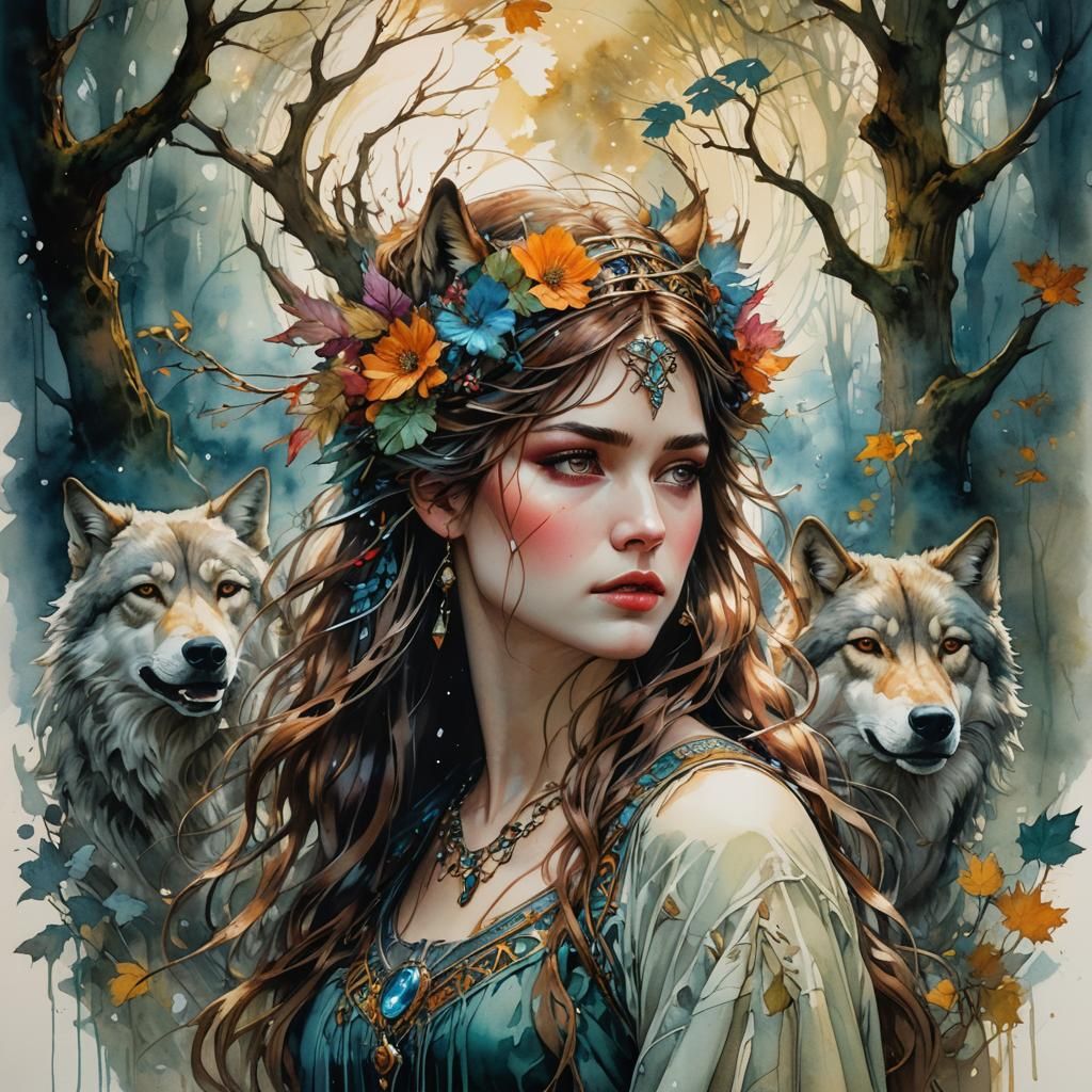 Art Nouveau Watercolor of Girl Raised by Wolves