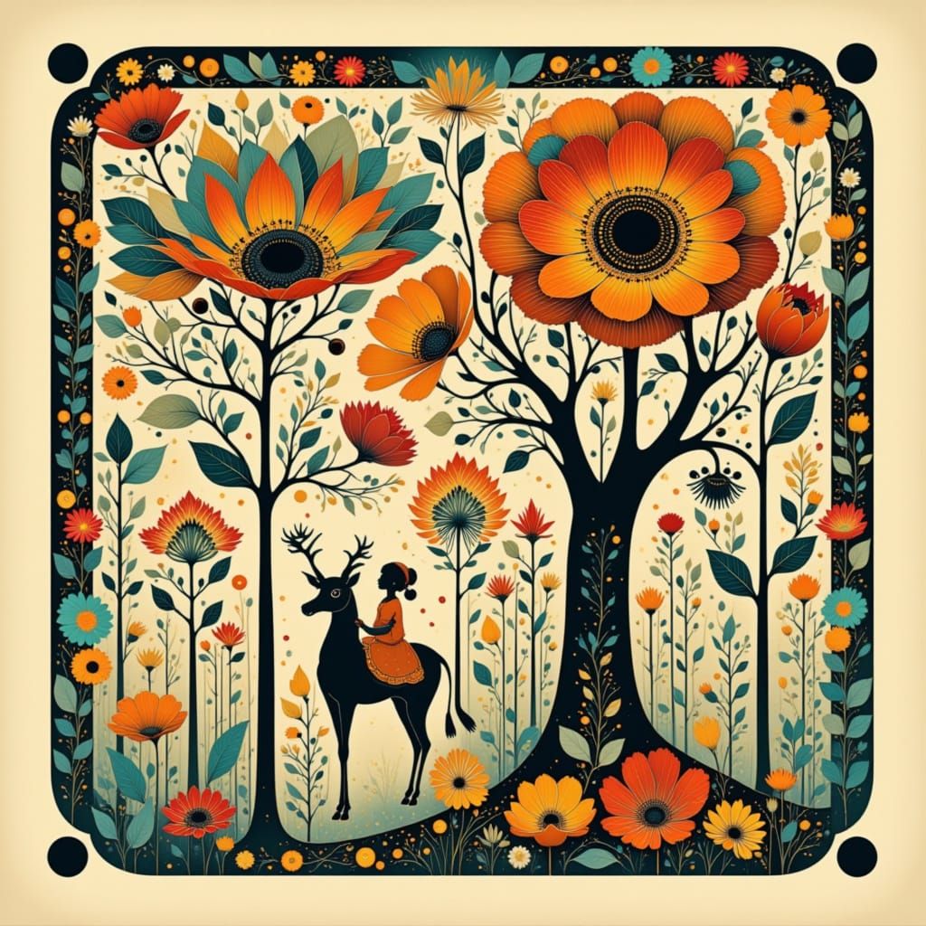 Whimsical Folk Art Nouveau Wonderland