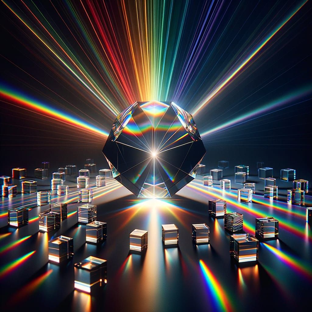 A digital photograph features beams of light passing through an array of transparent glass prisms, casting a spectrum of...