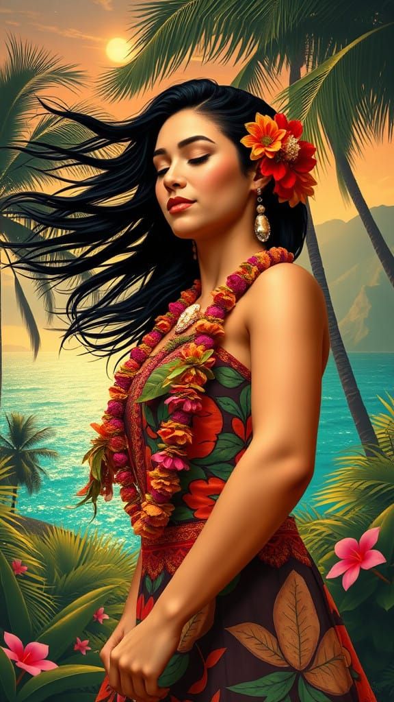 Sensual Hula Dancer Amidst Hawaiian Sunset