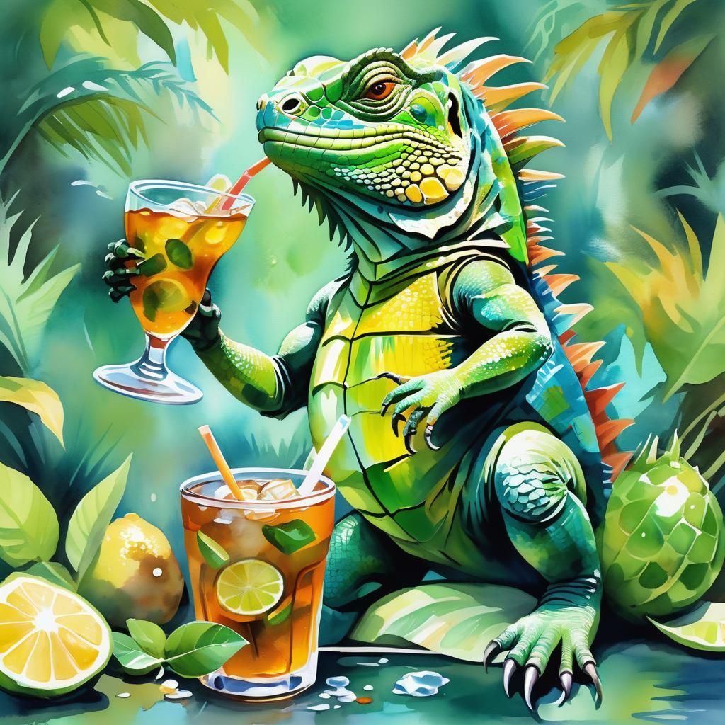 Iced-Tea Iguana Inflating: Gouache Watercolor Masterpiece