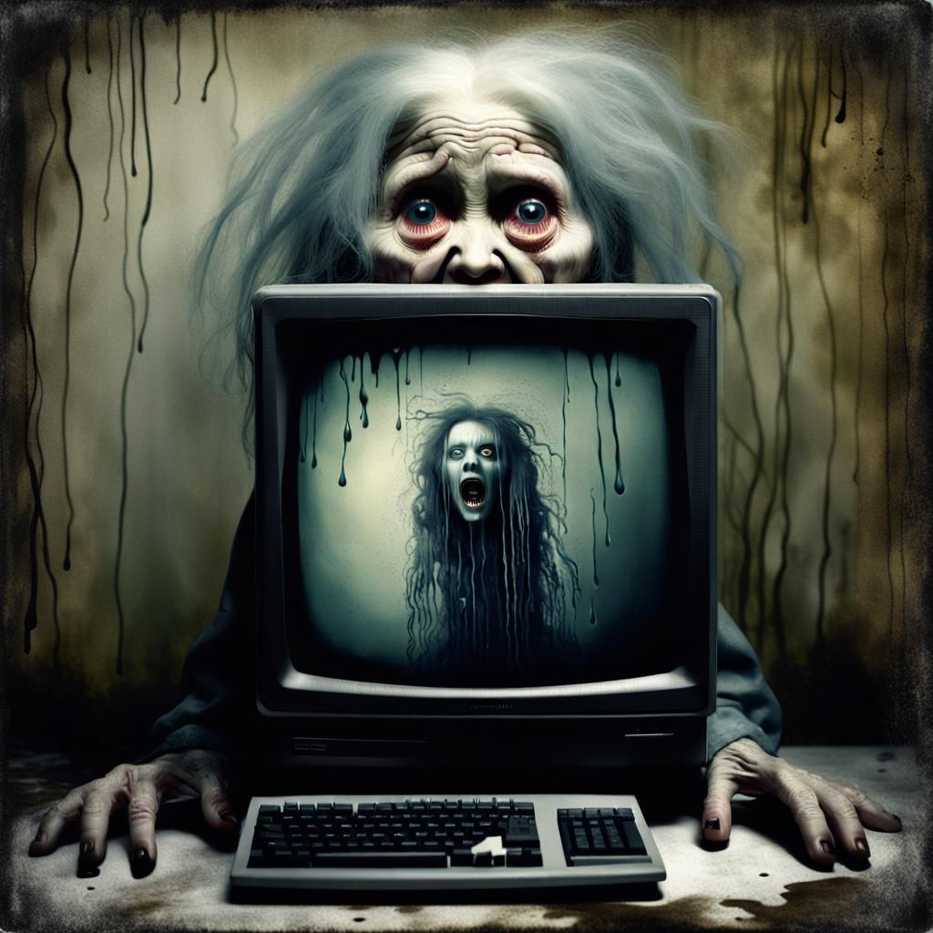 Eerie Photograph of Old Woman Holding Monitor