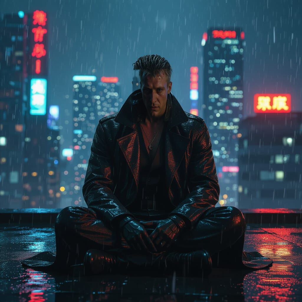 Roy Batty on Rainy Rooftop in Cyberpunk Cityscape