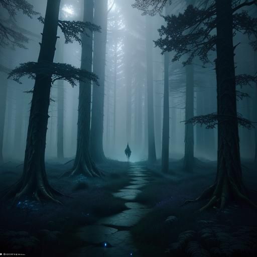 Eerie Figure in Mystical Forest: Dark Fantasy Illustration