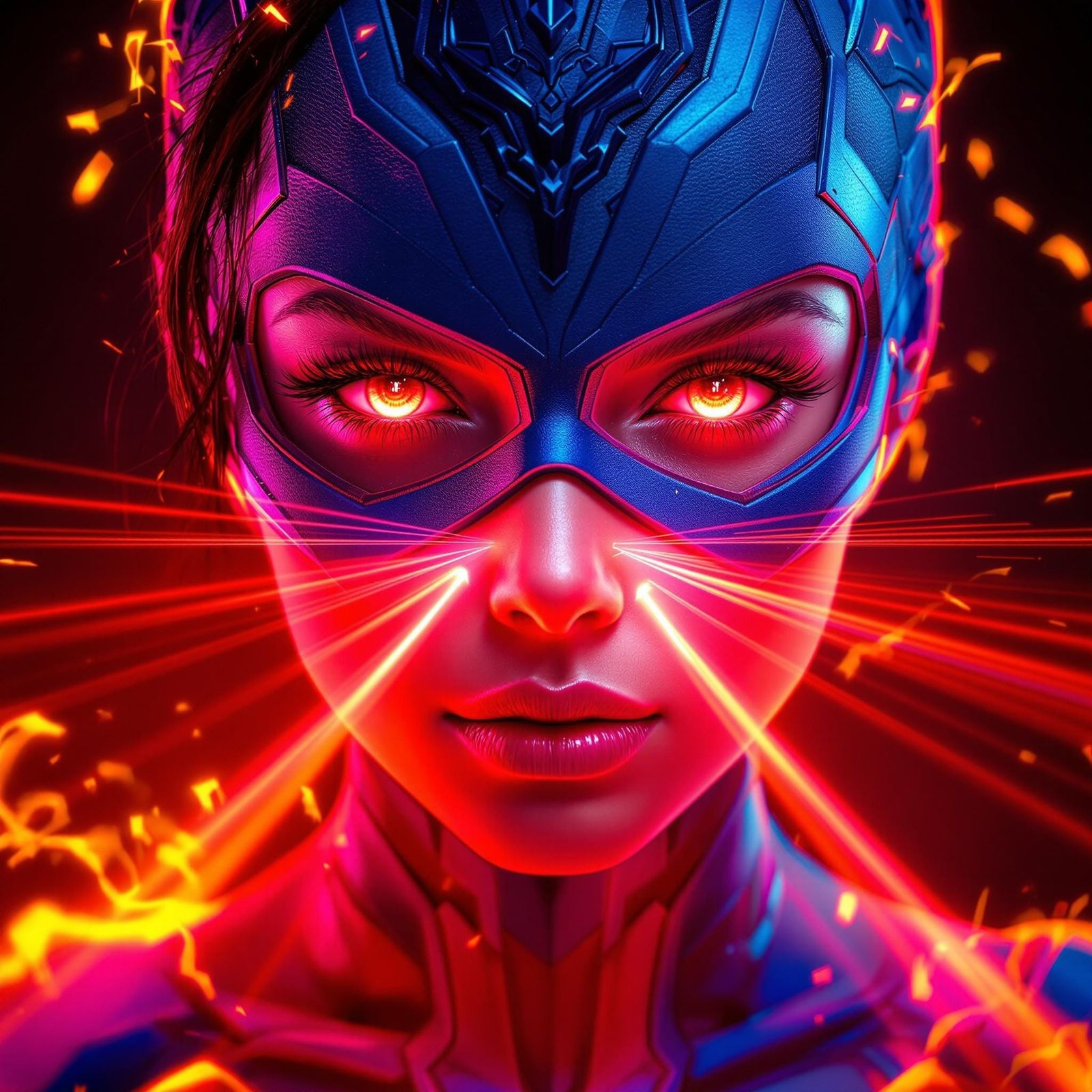 Superheroine Radiates Fiery Aura in Vibrant Blue and Magenta...