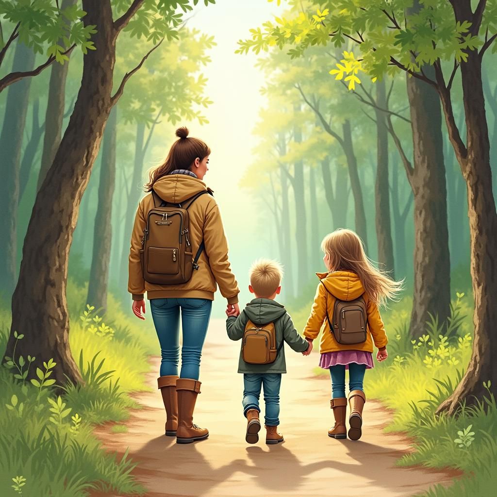 Mother and Children Hiking, Watercolor Style