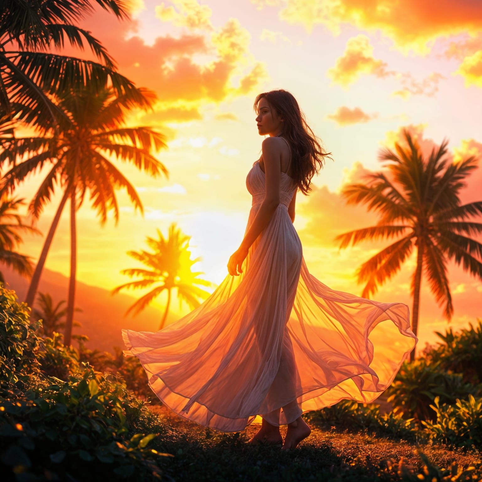 Surreal Hawaiian Goddess Disappears into Vibrant Sunset