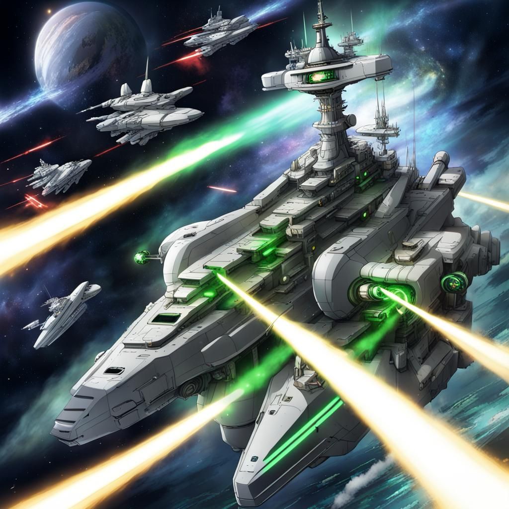 Space Battleships Duel with Green Lasers in Anime Style