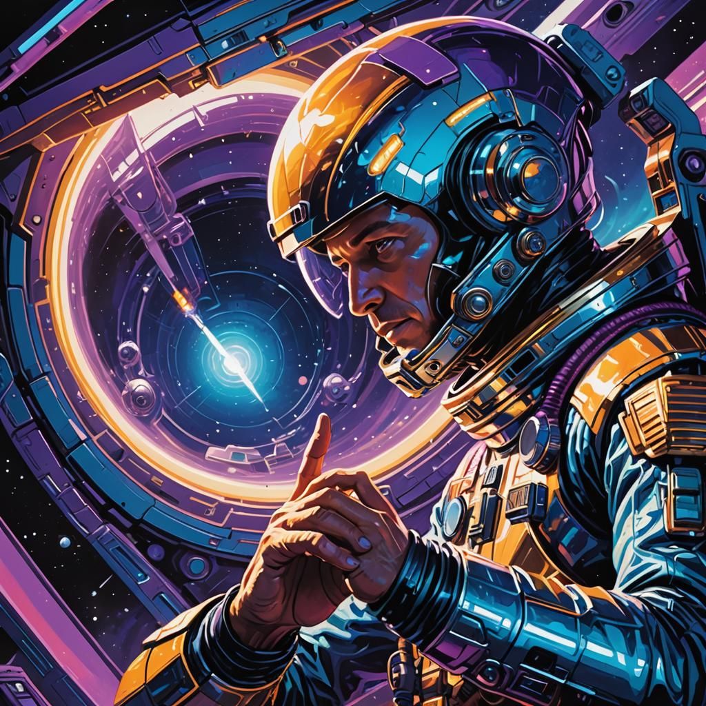 Astronaut and Alien Contact in Retrofuturistic Style