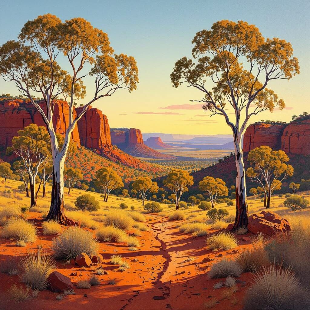 Vibrant Outback Landscape Painting at Golden Hour