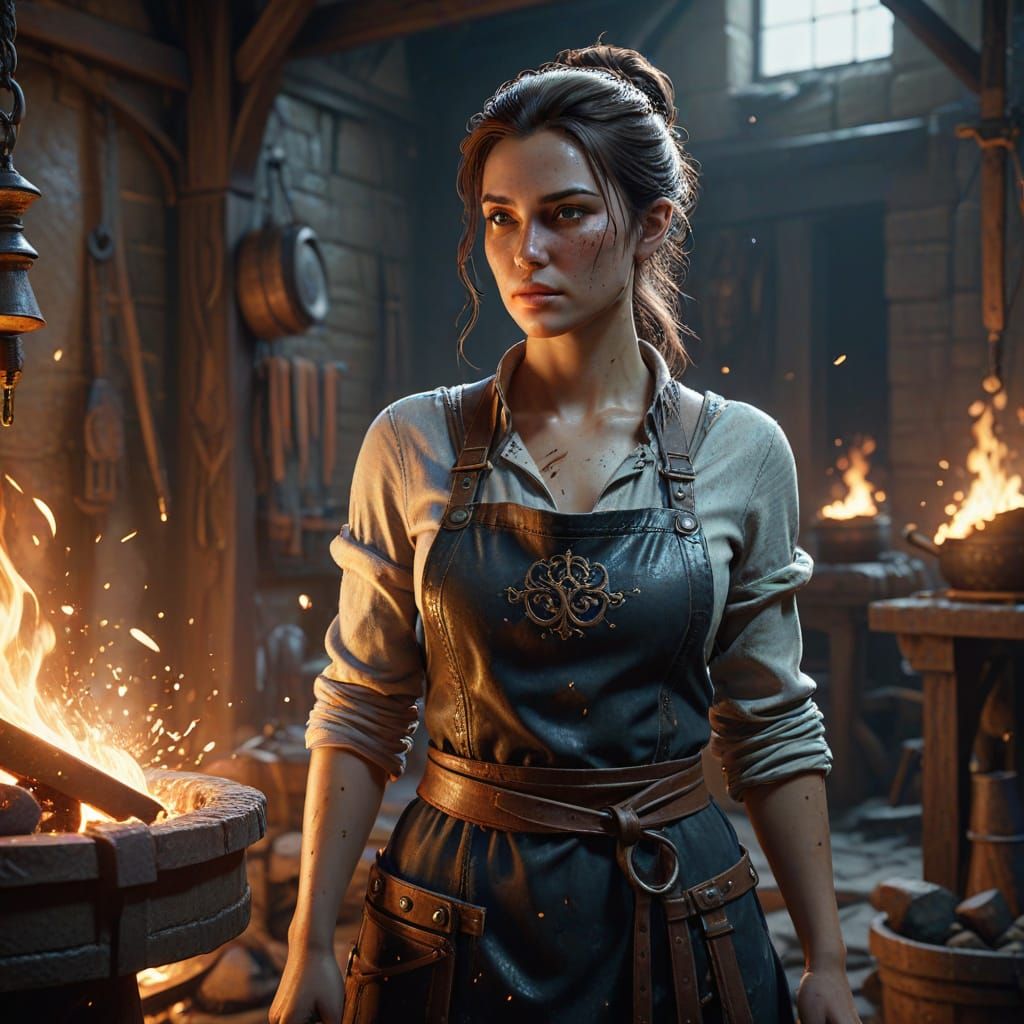 Warrior Woman Forging Metal in Medieval Fantasy Forge