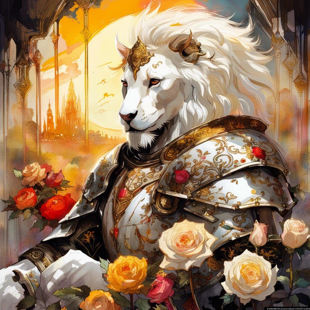 Gothic Knight on Lion in Rose Field