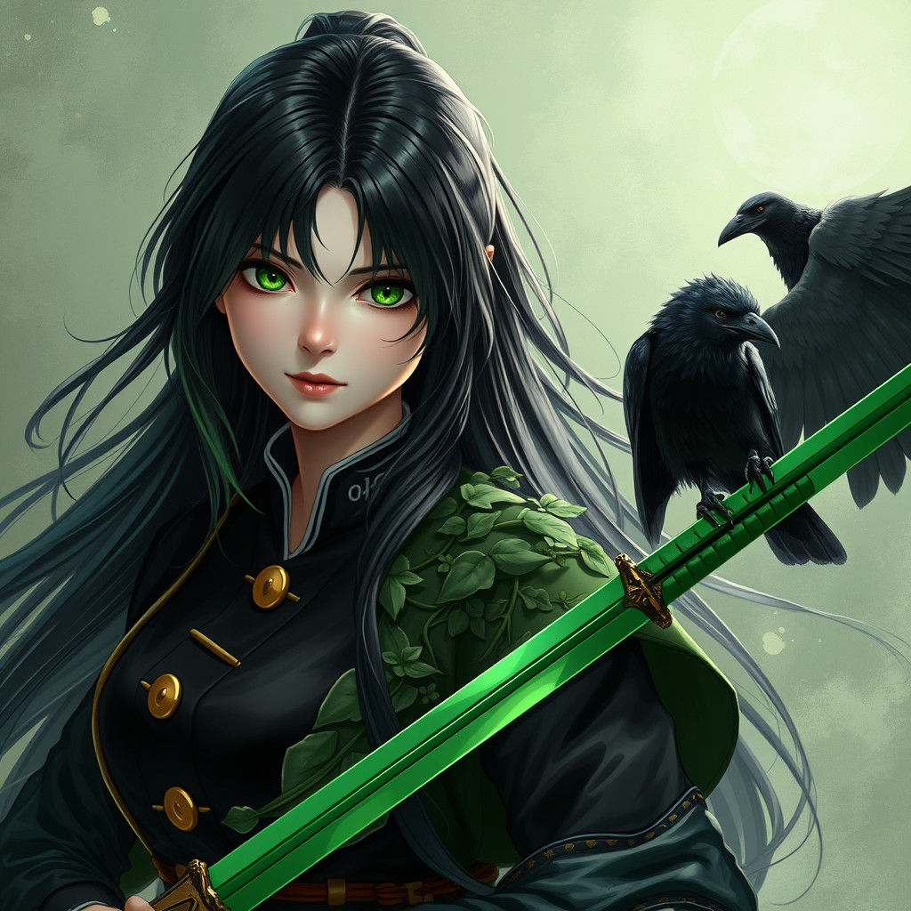 Green-Haired Swordswoman with Wolf, Detailed Matte Painting
