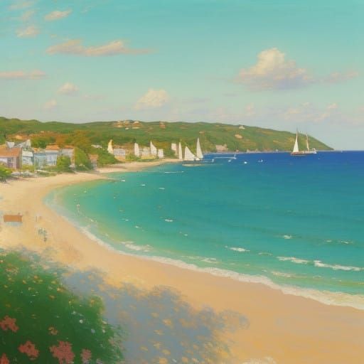 Golden Hour Summer Beach Scene in Impressionist Style