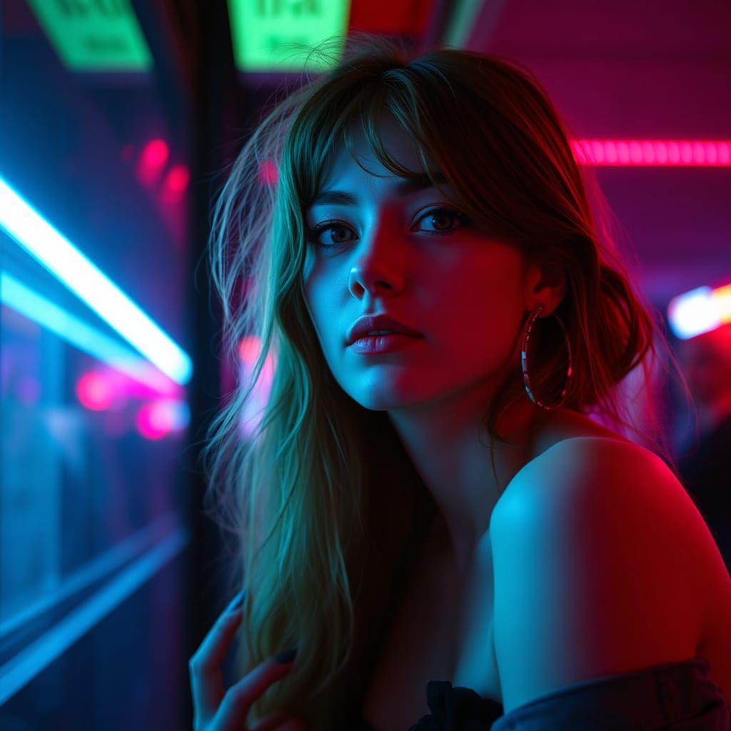 Synthwave Neon Lights Up Sad English Woman