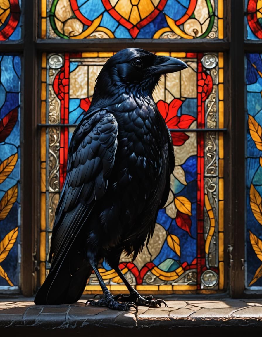 Hyperrealistic Crow Perched on Stained Glass