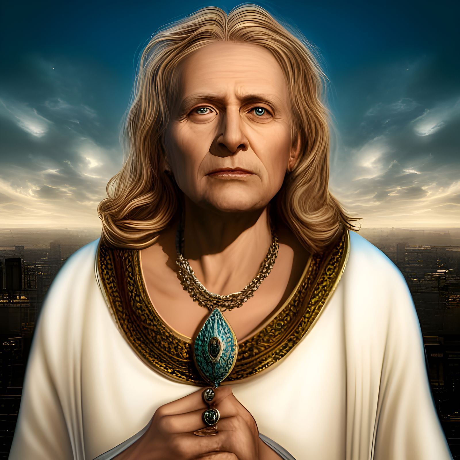 Create a personalized image of a blessed saint or holy person, staring straight at me from up close.