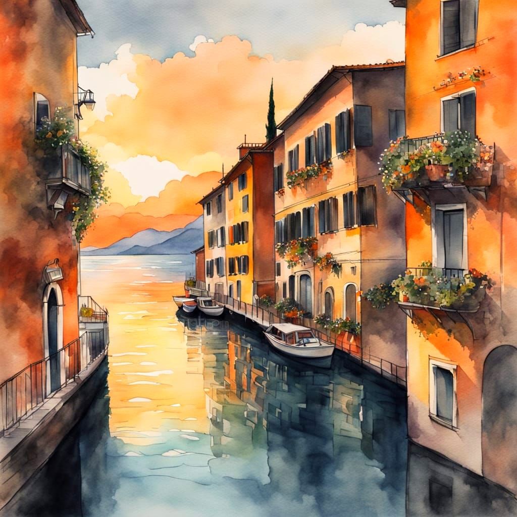 Ethereal Lake Garda Scene in Watercolor Style
