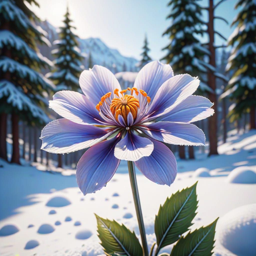 Delicate Flower Blooms in Snowy Landscape: Pen Sketch